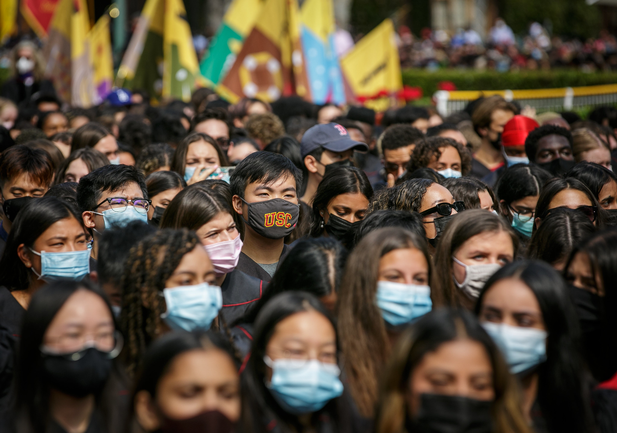 a sea of masked USC students